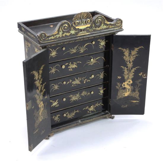 A Chinese Canton gilt decorated black lacquer table cabinet, mid 19th century, height 63.5cm